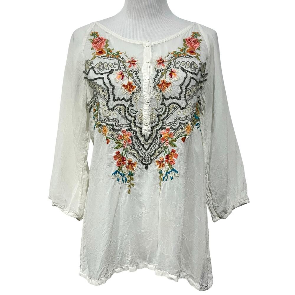 Johnny Was Embroidered Blouse Top Semi
Sheer Peasant Tunic White Women’s Sz M